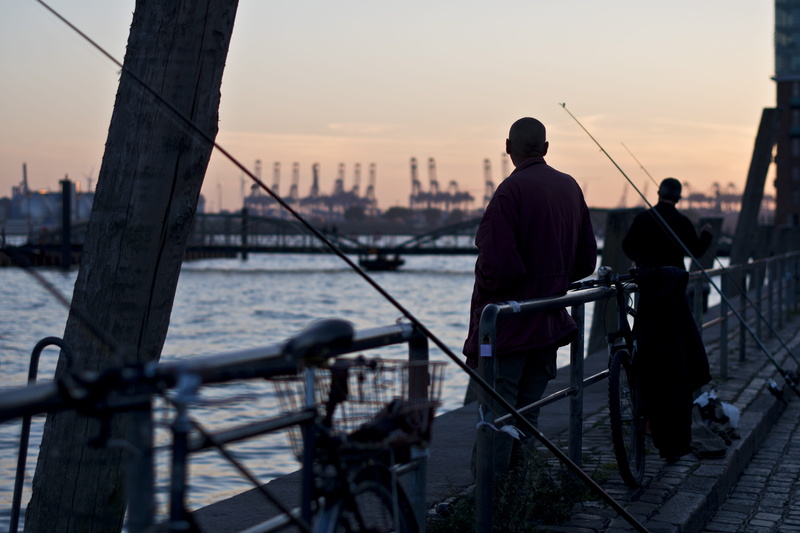 germany, 5K, silhouette, bridge - man made structure, rear view, nautical vessel, two, bicycle, leisure activities, nature, men, waterfront, ocean, human