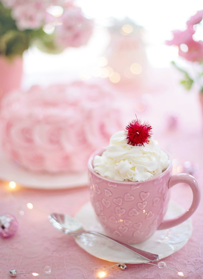 celebration, cake, sweet food, cocoa, romantic, nature, pink, flowering plant, floral pattern, 4K, lens flare, valentine, still life, plant, indoors, sweet