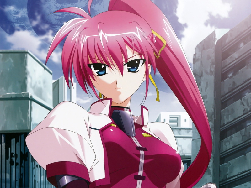 mahou shoujo lyrical nanoha, beautiful, retail display, pink, glass - material, character, street, women, city Life, day, representation, females, eyes