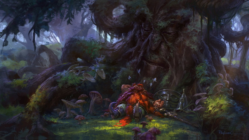 dwarf, Dibas-The Lazy, 1080P, forest, the situation, sleep, halt, tree, fantasy, Filipe Pagliuso, stay