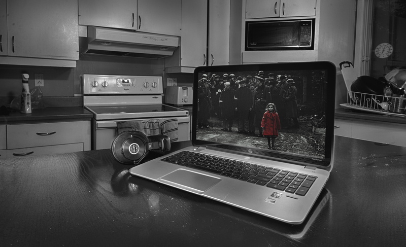 appliance, black and white chicken, stove, laptop chicken, selective color, domestic kitchen, indoors, screen, turned, domestic life, b w, black and white