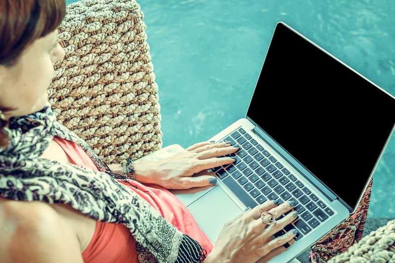 swimming pool, woman, working, digital nomad, poolside, girl, women, using laptop, lap, casual clothing, lifestyles, laptop, computer, scarf, water, wireless technology