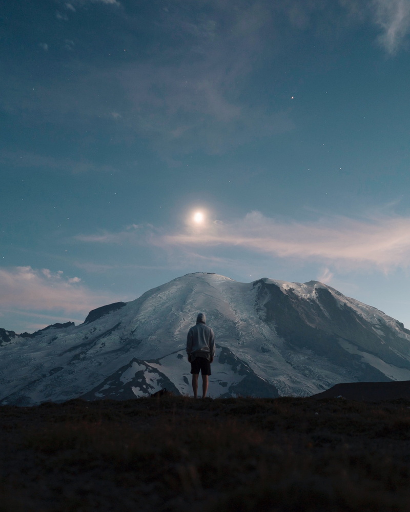 silhouette, lifestyles, tranquil scene, nature, overlooking, real people, standing, moonlight, solitude, man, mountain range, outdoors, peak, holiday, infront
