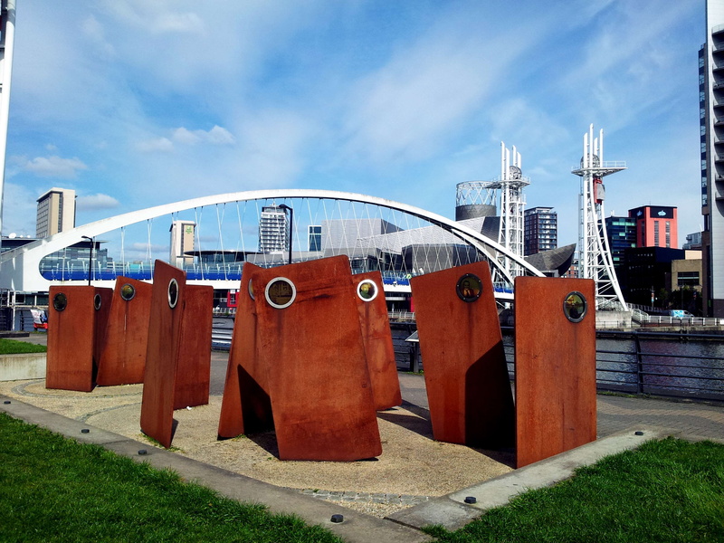 day, cityscape, metal, architecture, statue, bridge, building exterior, river, bluesky, cloud - sky, built structure, outdoors, grass, riverside, blue