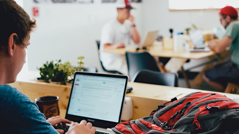 laptop, wood, mature adult, new business, sitting, chromebook, desk, working, teem, focus on foreground, coworker, men, people, indoors, mature men, backpack
