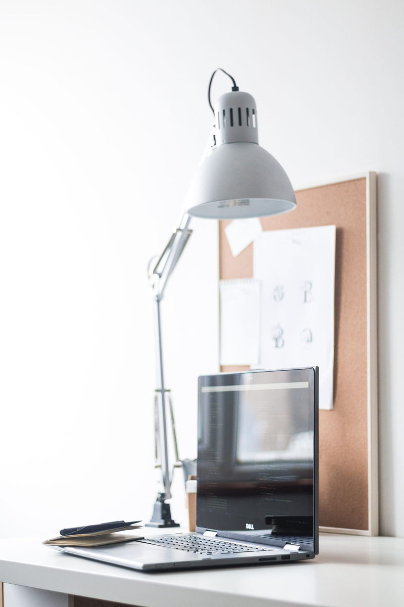 modern, technology, table, beside, desk accessory, laptop, copy space, white, setup, computer, minimalism, connection, electric light, still life, minimal layout