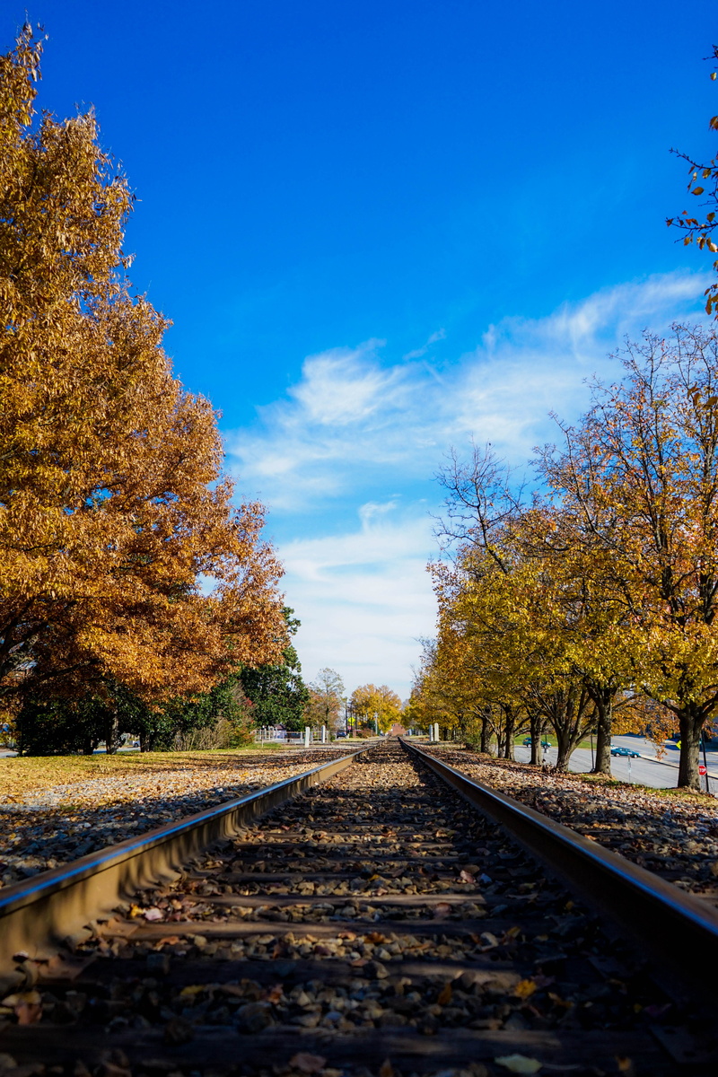 outdoors, 5K, surface level, train track, iphone, day, transportation, gravel, road, cloud - sky, pad, railway, the way forward, way, autumn, nature, blue