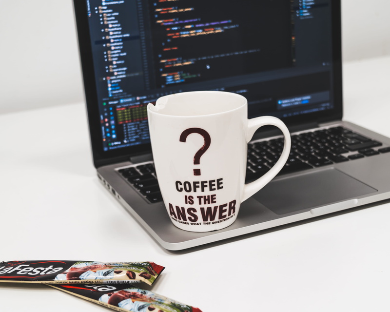 desk, setup, clean, indoors, technology, no people, food and drink, table, keyboard, interior, crockery, cup, connection, white, 4K, laptop, coffee, macbook
