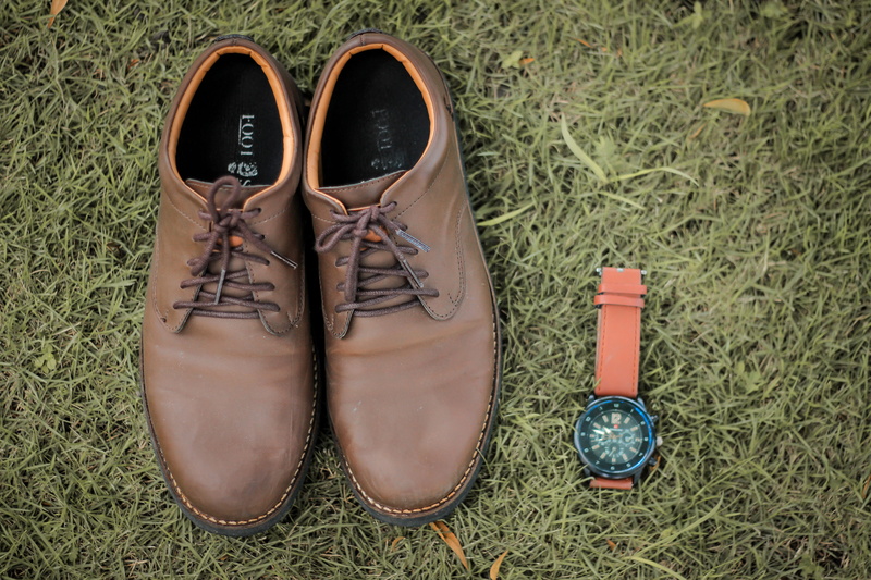 boot, plant, directly above, brown, day, green color, land, cuff, grass, close-up, no people, still life, outdoors, womenswear, 5K, digital watch, ground