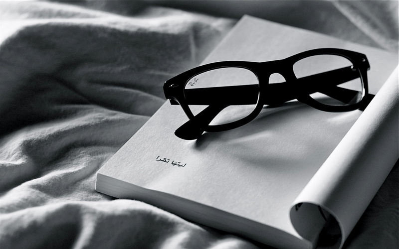 miscellaneous, indoors, bed, single Object, black, close-up, white, reading, sunglasses, still life, fashion, focus on foreground, paper, black white, bedroom