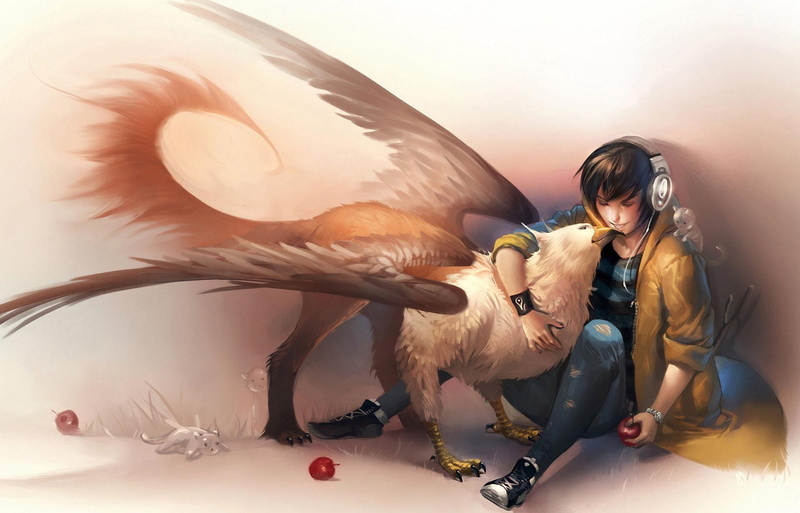apples, lovely, shoes, wings, animals, headphone, cool, digital art, griffin, music, 1080P