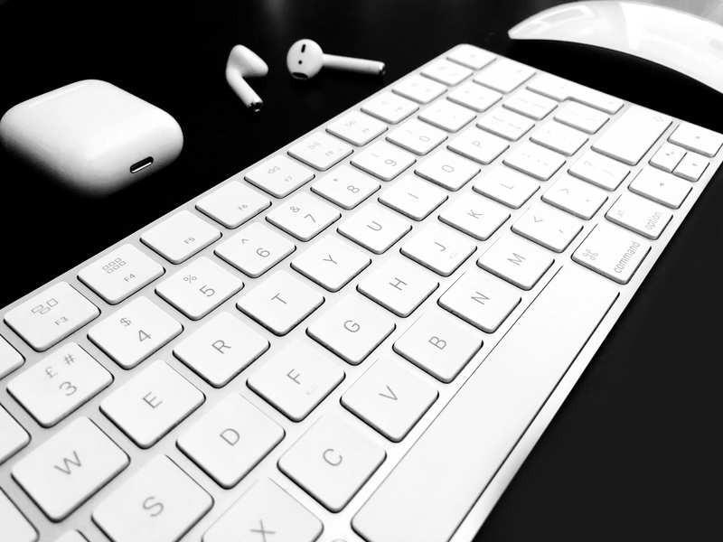keyboard, computer keyboard, airpods, workplace, high angle view, alphabet, white, balck, computer part, number, computer key, computer equipment, letter