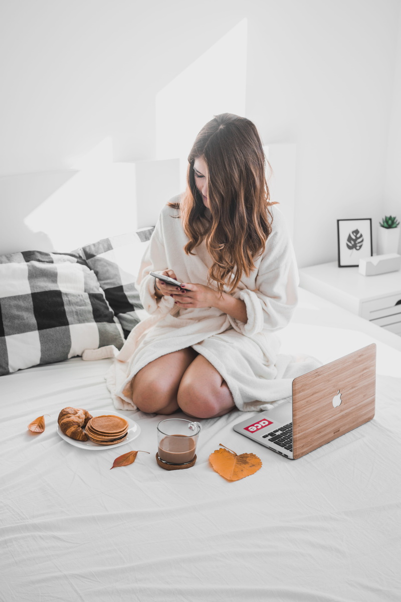 indoors, women, technology, modern, drinking, minimalism, beauty, lifestyles, bath robe, businesswoman, house, flatlay, females, domestic Life, bathrobe