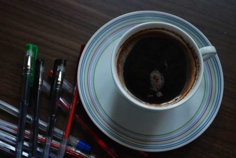 still life, cafe, business, indoors, office supplies, mug, no people, cup, pens, saucer, close-up, directly above, food and drink, relaxation, black coffee