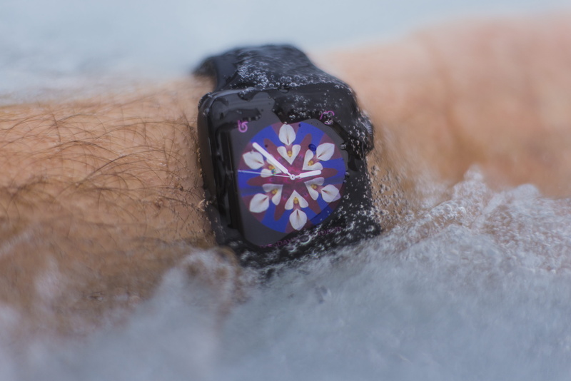 high angle view, floral pattern, apple, winter, outdoors, close-up, human body part, day, body part, waterproof, purple, flower, selective focus, one person