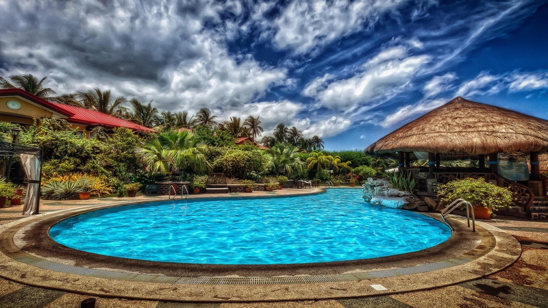 swimming, nature and landscapes, side, pool, round, ground, clouds, hdr, 1080P, palms