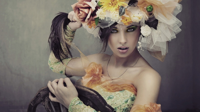 necklace, 2K, chair, flowers, yellow eyes, model, face, hair pulling, women