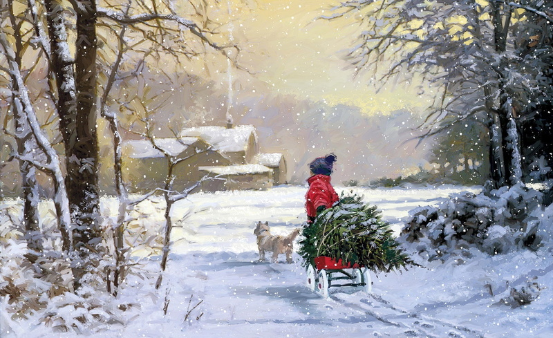 extreme weather, rear view, winter scenes, outdoors, tree, carrying, Painting, land, warm clothing, snow, clothing, full length, Seasons, real people, men