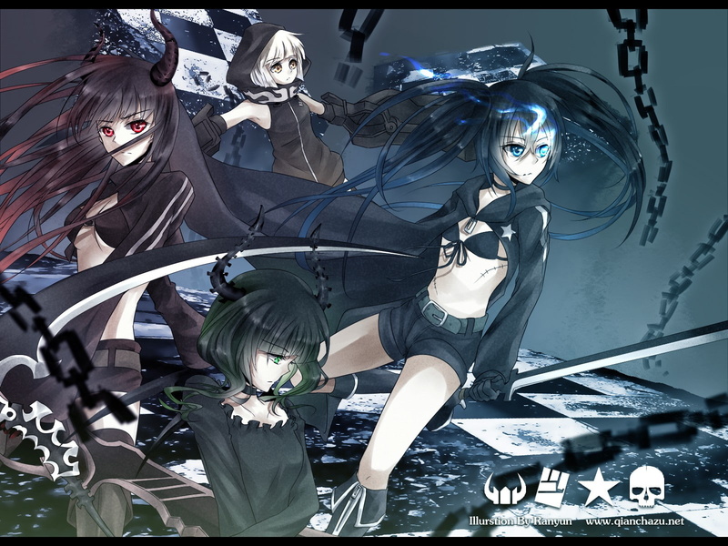 720P, horns, gold, blue, anime, red, white, chains, girls, hair, weapons, dead, master, green, rock, eyes, shooter, scythe, strength, black