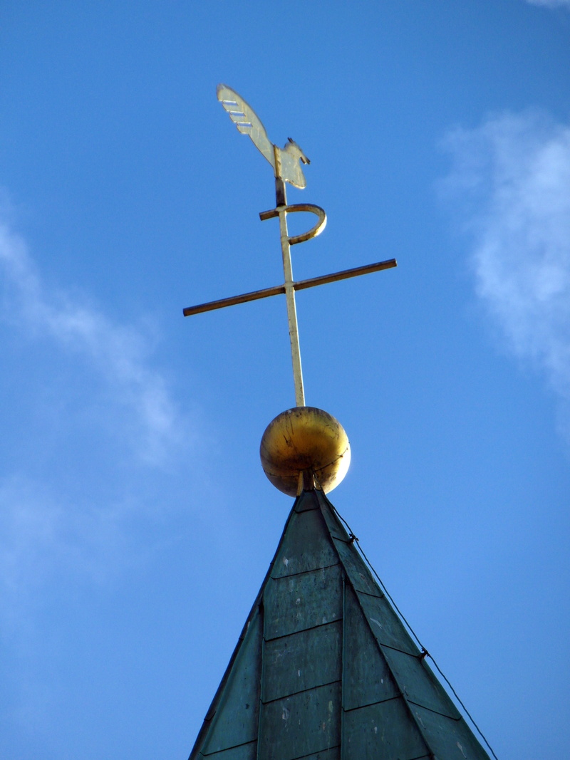 blue, animal representation, weather vane, sky, building exterior, arrow symbol, representation, day, no people, communication, roof, spire, low angle view