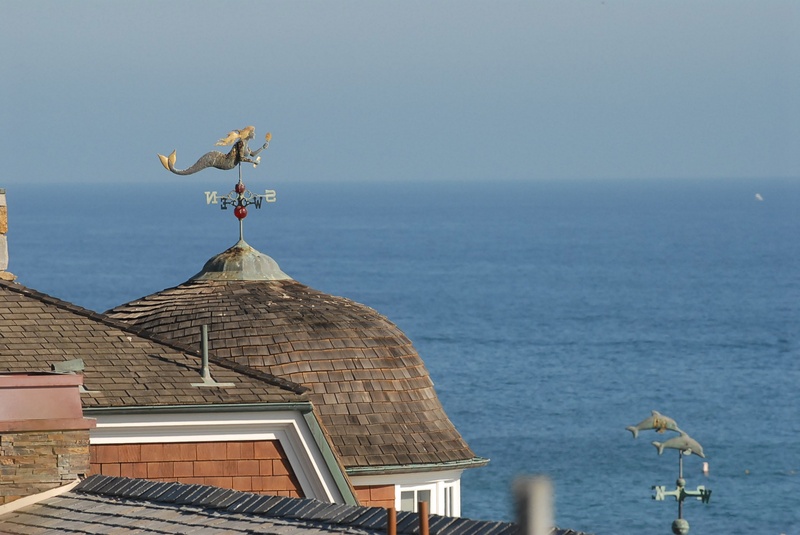 animal themes, weather vane, clear sky, california, sky, roof, mermaid, seagull, nature, water, weathercock, 1080P, building exterior, outdoors, sea, building