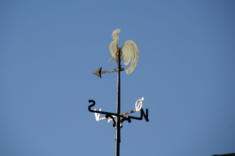 blue, close-up, direction, sunlight, no people, clear sky, day, nature, outdoors, weather vane, wind, low angle view, text, sign, communication, weather