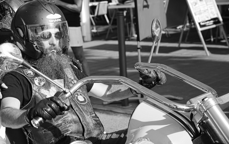retro Styled, transportation, focus on foreground, day, black And White, sitting, protection, working, Biker, occupation, incidental people, people, mode of transportation