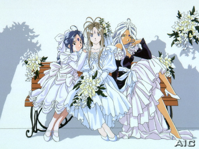 art, 480P, Wedding, goddess, bench, three, Flowers, ah, anime, hd, bouquet