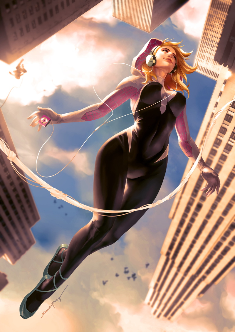 blonde, digital art, Spider Gwen, legs crossed, Ipod, 4K, ArtStation, SANTA FUNG, portrait display, digital painting, women, headphones, flying, fan art