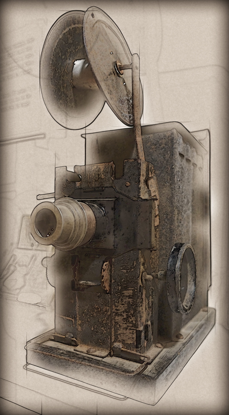 digital sketch, digital creation, vintage camera, machine part, indoors, machinery, close-up, old, no people, damaged, style, retro styled, appliance, equipment