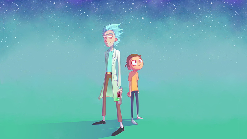 madness, Rick, hairstyle, jeans, the invention, eyes, space, yellow, Morty, stars, 2K, Rick and Morty, scientist