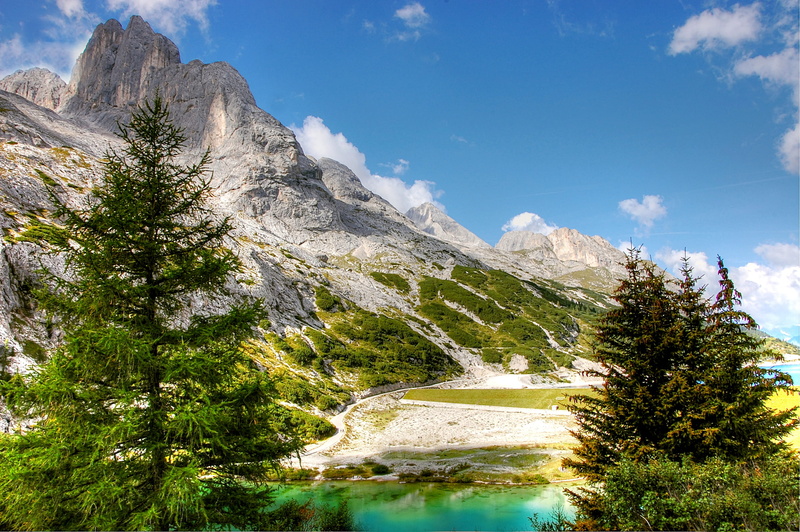 clouds, 2K, land, alm, mountain landscape, tranquil scene, holiday, no people, marmolada, coniferous tree, lake, outdoors, sun, mountain peak, switch off