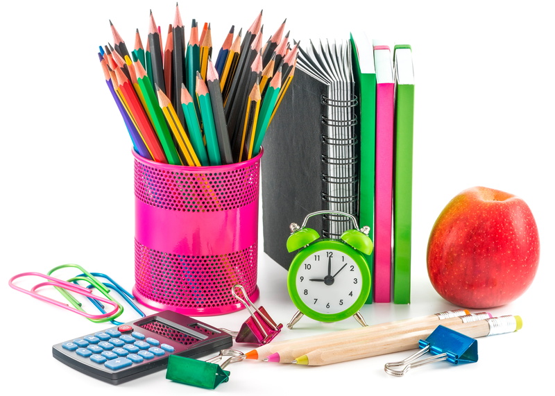alarm clock, brush, pen, colored pencil, notebook, large group of objects, multi colored, scissors, school supplies, still life, the office, pencils, pencil sharpener