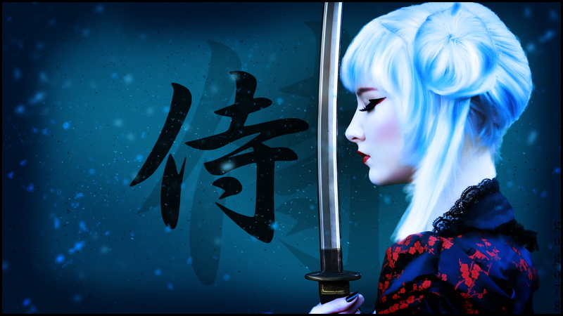 katana, blonde, samurai, sword, hairstyle, girl, 2K, makeup, art, figure, background, warrior, characters, weapons