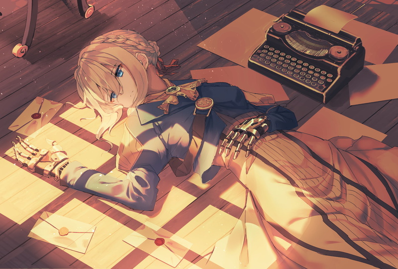 violet evergarden, typewriter, 720P, mechanical arm, Anime, lying down