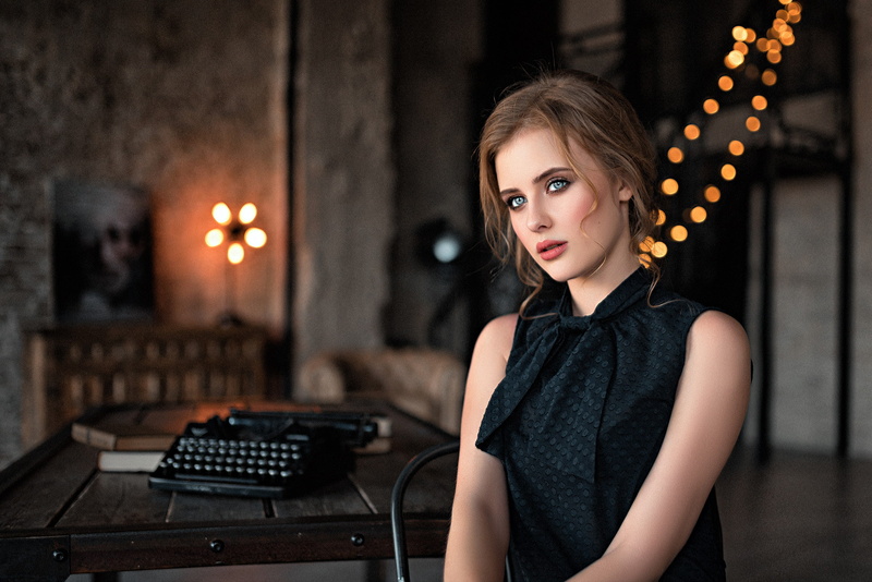 sitting, depth of field, table, typewriters, portrait, chair, women, 1080P
