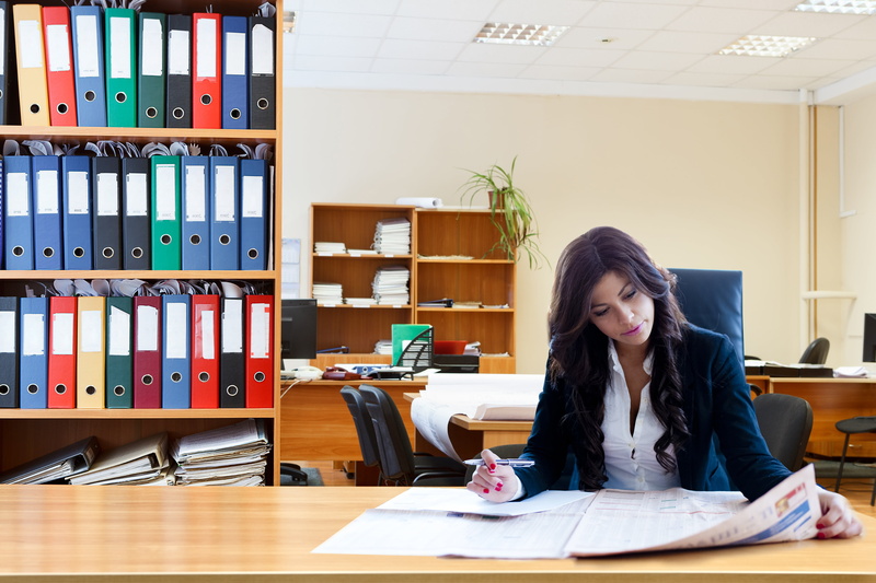 front view, one Person, paperwork, sitting, occupation, shelf, young women, articles, business women, hairstyle, office, females, table, adult, 4K, long hair
