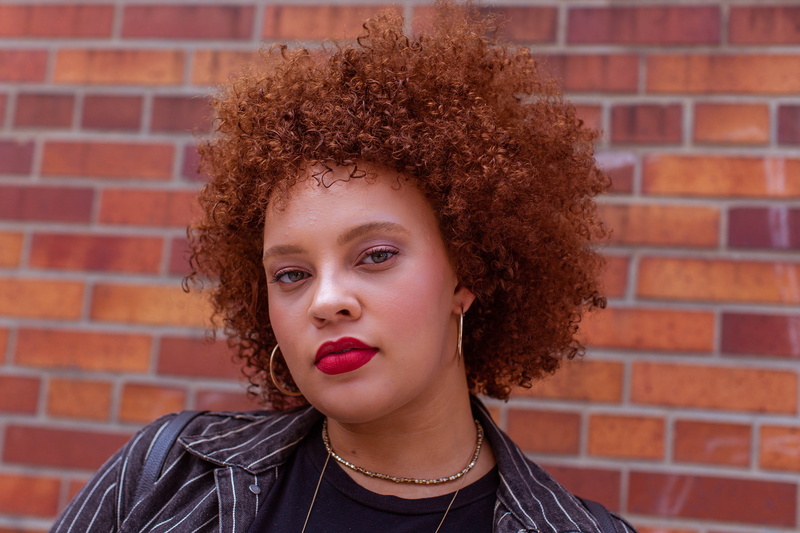 wall, red hair, 5K, people, curves, afro, brick wall, women, concrete, portrait, human, eyes, beauty, hairstyle, brown, beautiful woman, red lipstick