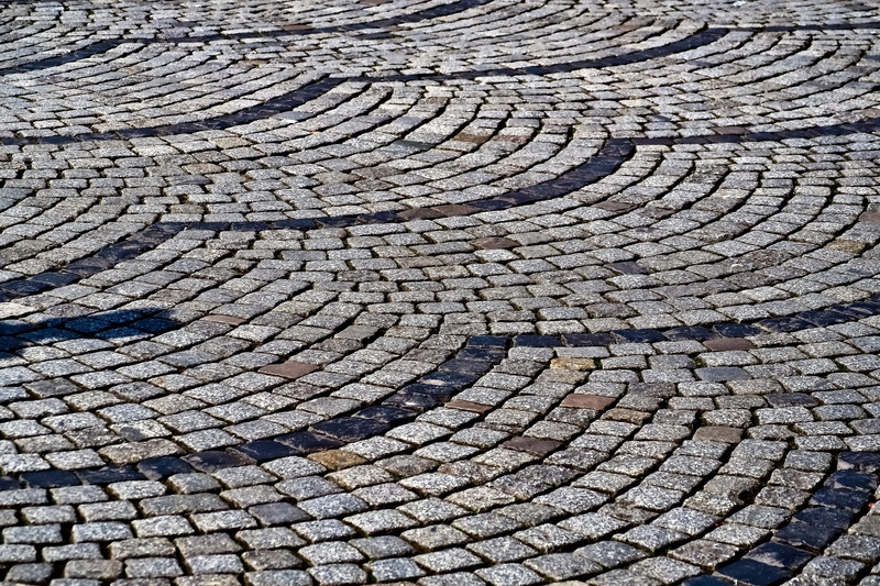 full frame, curve, cobblestone, natural stone, paved, rau, nature, 4K, close-up, high angle view, gray, paving stones, backgrounds, design, textured, pavement surface
