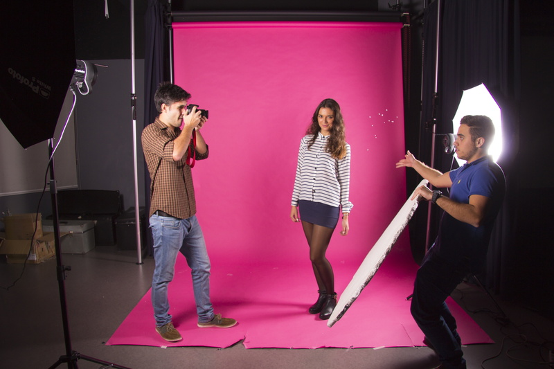 males, casual clothing, female, indoors, work, pink background, photoshoot, proffesional, set, teenager, standing, holding, i am a student, composition