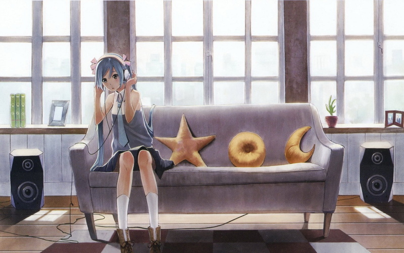 indoors, hd, windows, room, ribbons, vocaloid, socks, couch, art, headphones, hair, stars, blue, miku, speakers, tie, long, hatsune, 720P, technology