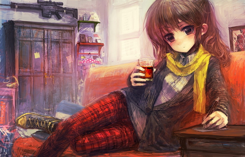 scarfs, 720P, eyes, room, weapons, hair, windows, long, lying, hd, couch, glass, brunettes, technology, art, drinks, anime, pants, panes, window