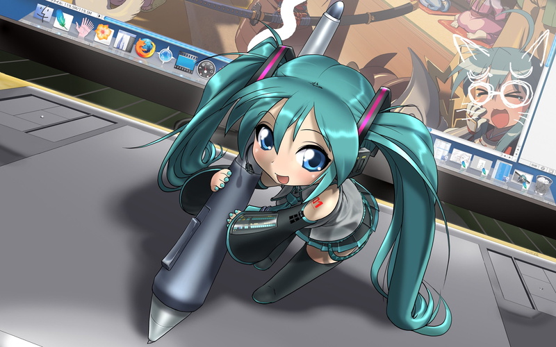 vocaloid, twintails, sleeves, eyes, hair, apple, hatsune, blue, hd, detached, 2K, Computers, technology, inc, art, miku, long
