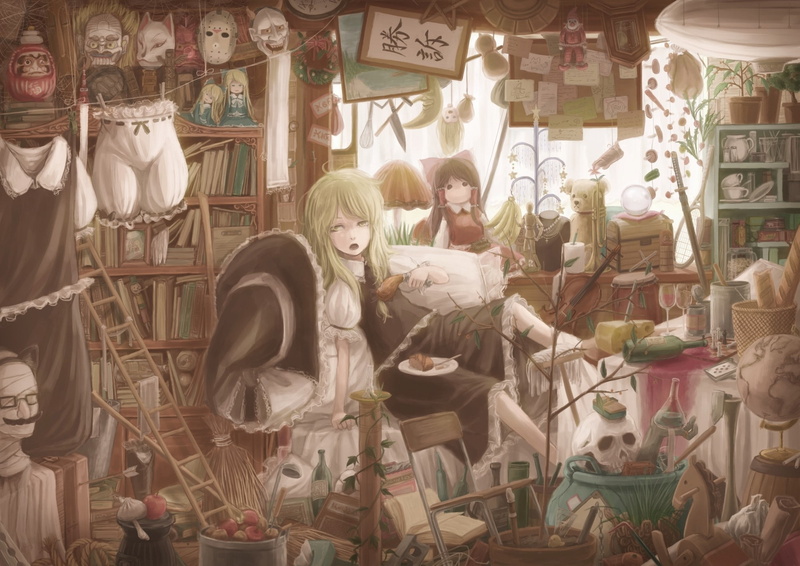 1080P, art, games, video, fruits, long, hd, food, brunettes, dress, room, touhou, hair, technology, blondes, glasses, bottles, indoors, apple, skulls