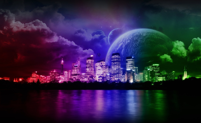 power in nature, digital, building exterior, City, skyscraper, cloud - sky, lights, 1080P, Creative, river, sky, factory, water, Aero, reflection