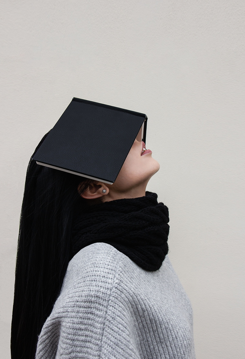 sweater, obscured face, holding, tired, cover, woman, one person, white, book, rear view, indoors, 5K, clothing, covering, girl, caucasian, portrait, done