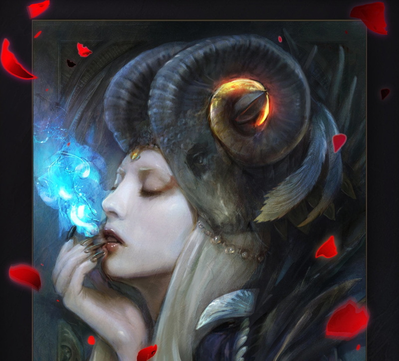 horns, luminos, jake moon, lifestyles, female likeness, human representation, art, fire, adult, petals, burning, fantasy, hand, real people, Demon queen