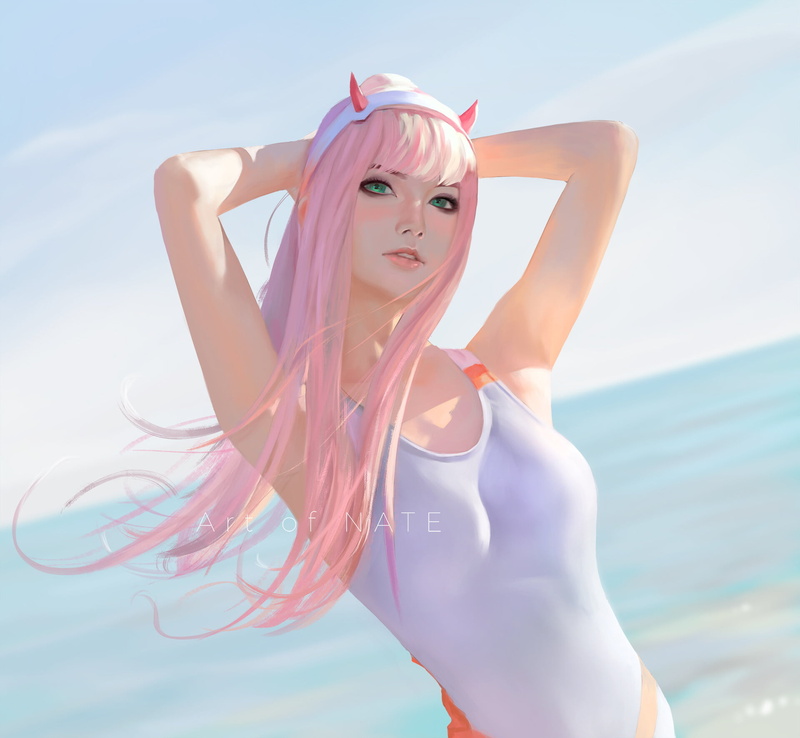 arms up, hands on head, drawing, digital art, pink hair, 1080P, horns