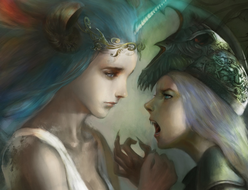1080P, girls, anger, demoness, sisters, fangs, fantasy, illustration, character, hands, female, two, sadness, anime, emotions, horn