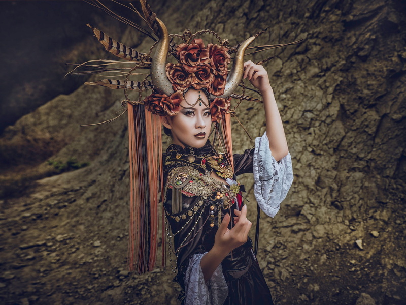 hands, 1080P, outfit, headdress, girl, style, horns, pose, decoration, Asian